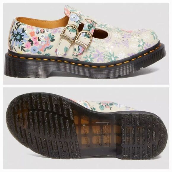 🩵NIB Dr. Martens Parchment Beige Floral Virginia Leather Mary Jane Size 8 - Picture 15 of 16